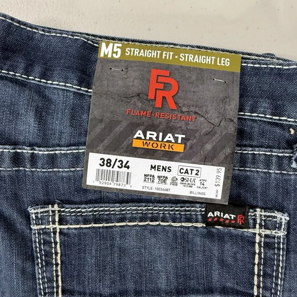 Ariat Work M5 Fr Jeans Mens 38x34 Straight Leg Fit Blue Denim